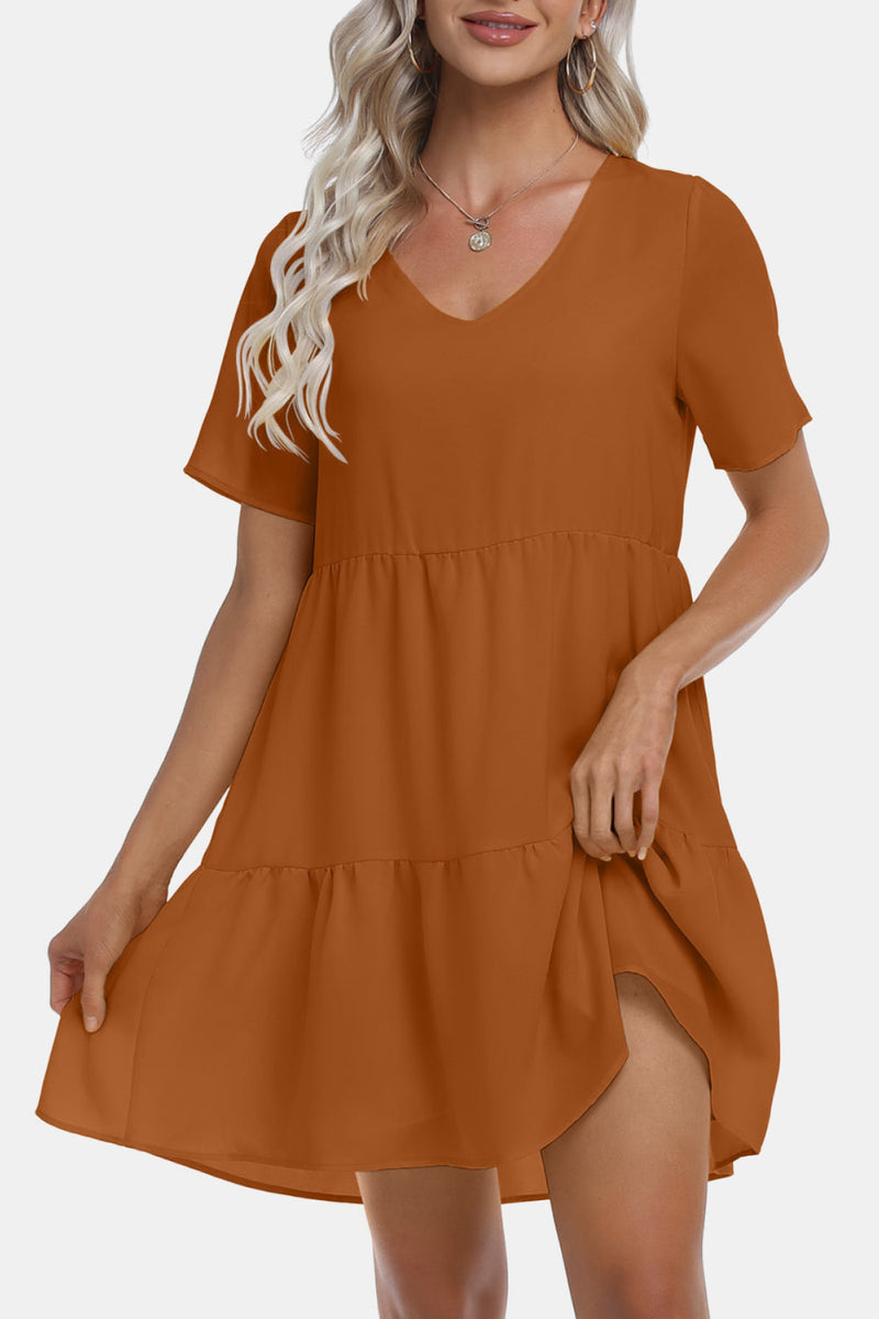 V-Neck Short Sleeve Tiered Dress