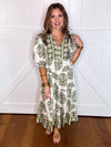 Umgee Green Border Print Tiered Midi Dress