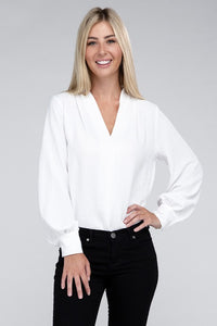 Woven V-Neck Long Sleeve Top