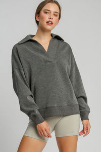 Umgee Johnny Collar Dropped Shoulder Sweatshirt in Charcoal