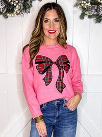 Pink Plaid Applique Bow Sweater