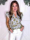 Umgee Floral Print Scalloped Sleeve Top