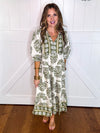 Umgee Green Border Print Tiered Midi Dress