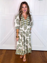 Umgee Green Border Print Tiered Midi Dress