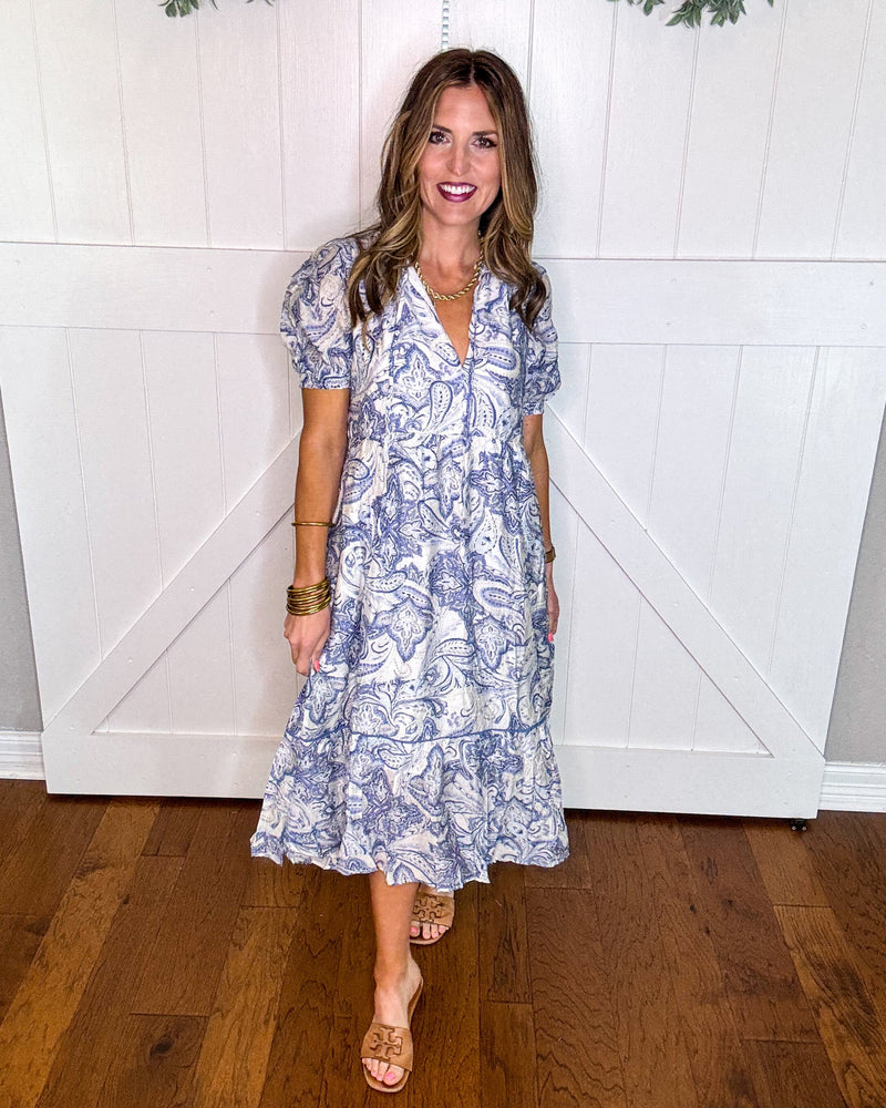 Umgee Paisley Print Puff Sleeve Midi Dress