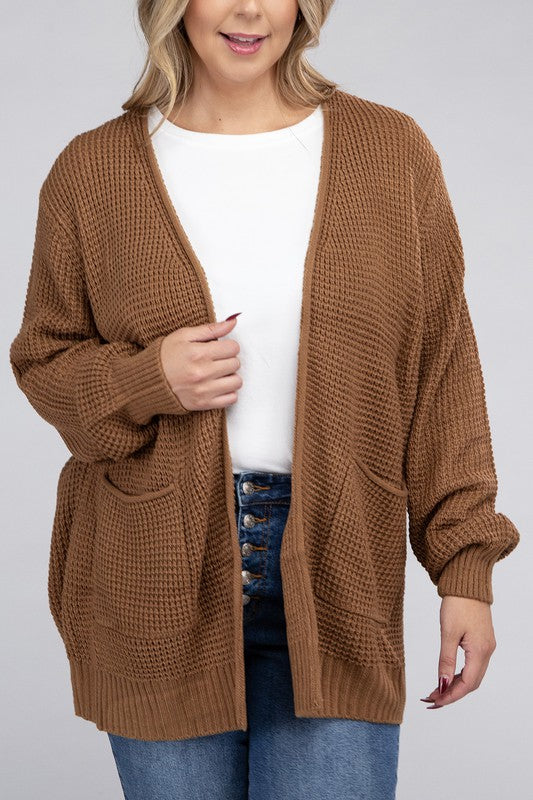 Plus Low Gauge Waffle Open Cardigan Sweater