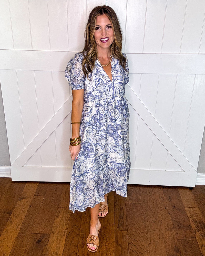 Umgee Paisley Print Puff Sleeve Midi Dress