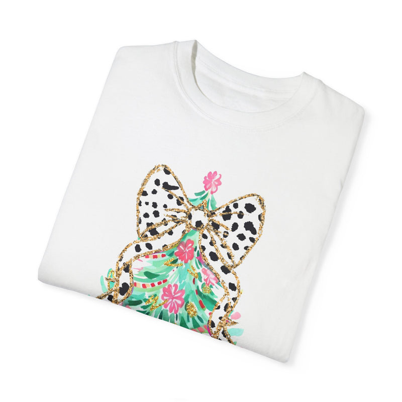 Preppy Christmas Tree with Bow Comfort Colors Tee