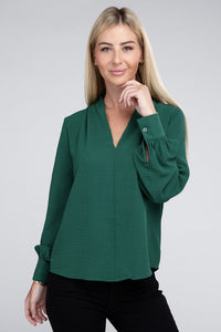 Woven V-Neck Long Sleeve Top