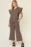 Double Take Texture Ruffle Short Sleeve Top and Drawstring Wide Leg Pants Set