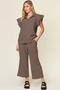 Double Take Texture Ruffle Short Sleeve Top and Drawstring Wide Leg Pants Set