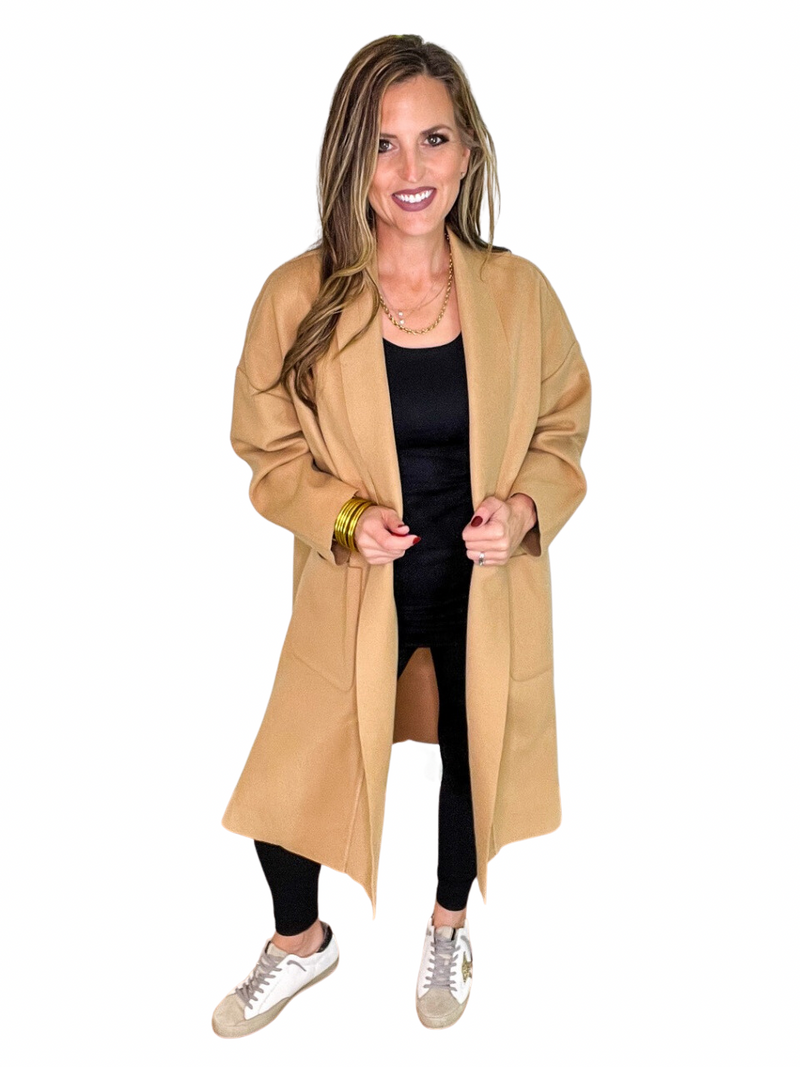 Long Open Front Coat in Camel