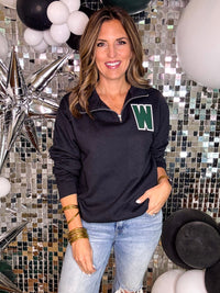 Varsity W Quarter Zip Pullover in Black PREORDER