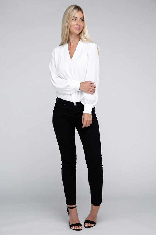 Woven V-Neck Long Sleeve Top