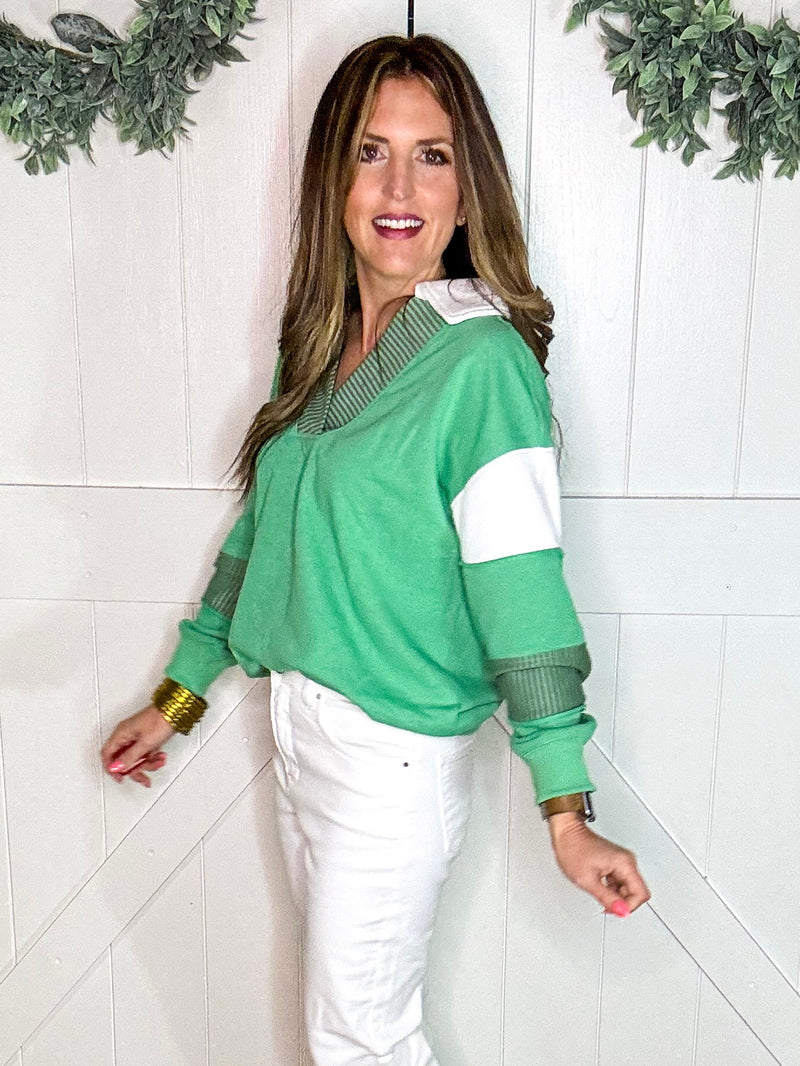 Color Block Sleeve Collared Top in Green
