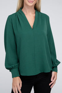 Woven V-Neck Long Sleeve Top