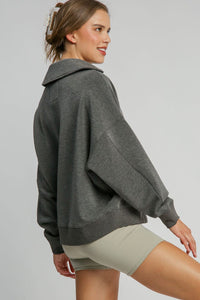 Umgee Johnny Collar Dropped Shoulder Sweatshirt in Charcoal