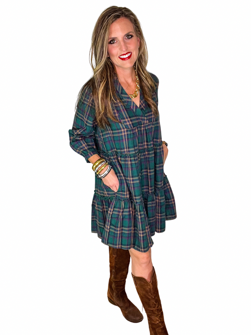 Plaid V-Neck Dress in Hunter Green