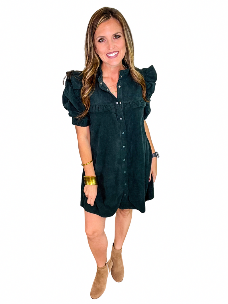 Corduroy Ruffle Button Down Dress in Hunter Green