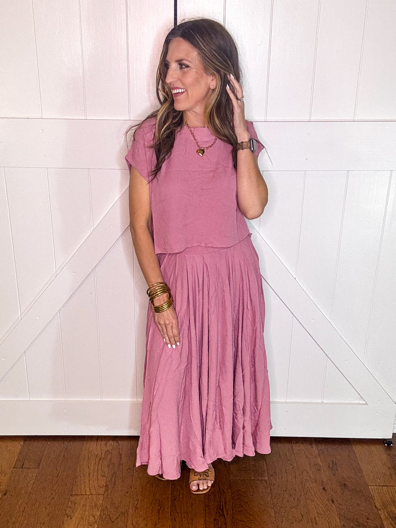 Zenana Gauze Crop Tee and Skirt Set