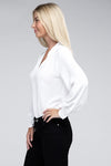 Woven V-Neck Long Sleeve Top