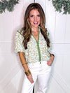 Umgee Green Floral Print Puff Sleeve Top