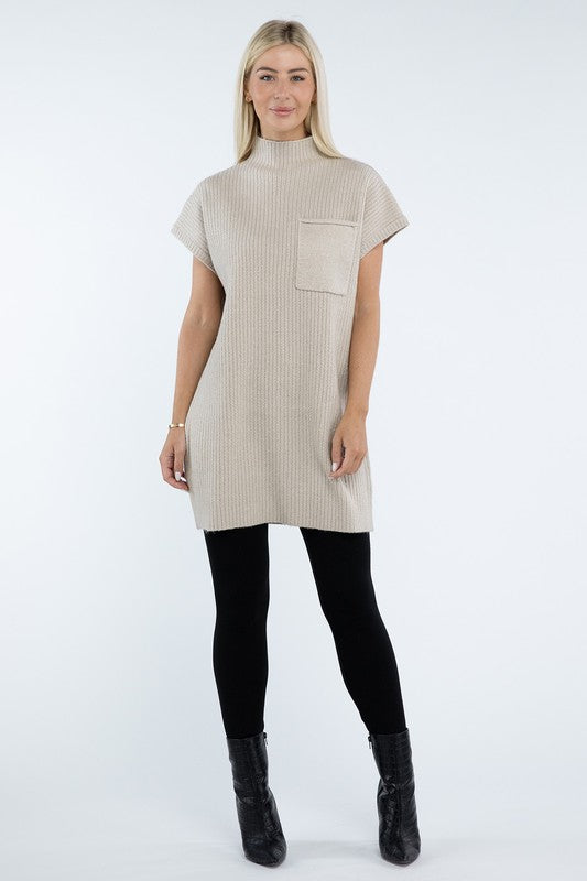 Mock Neck Short Sleeve Sweater Dress – Turquoise & Tangerine