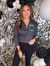 Cropped Varsity W Quarter Zip Pullover in Charcoal PREORDER