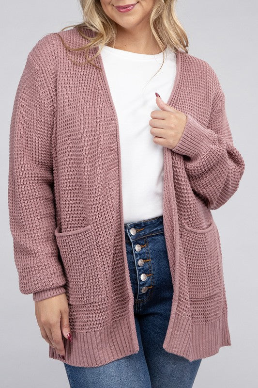 Plus Low Gauge Waffle Open Cardigan Sweater