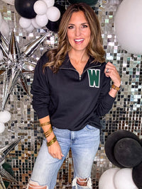 Varsity W Quarter Zip Pullover in Black PREORDER
