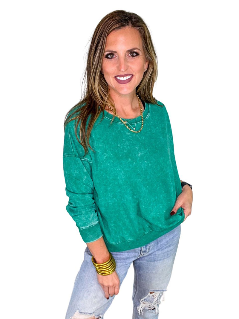 French Terry Acid Wash Pullover in Green