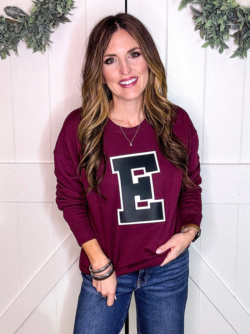 VARSITY E MAROON SWEATSHIRT