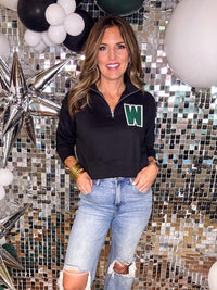 Cropped Varsity W Quarter Zip Pullover in Black PREORDER