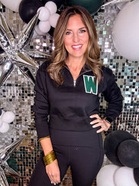 Cropped Varsity W Quarter Zip Pullover in Black PREORDER