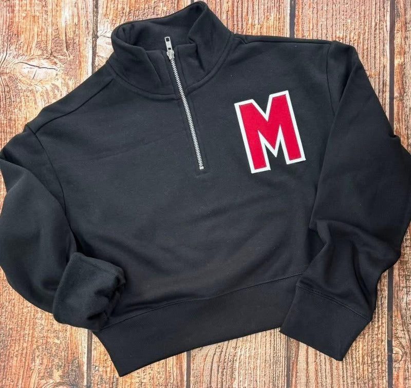 Cropped Varsity M Quarter Zip Pullover in Black PREORDER