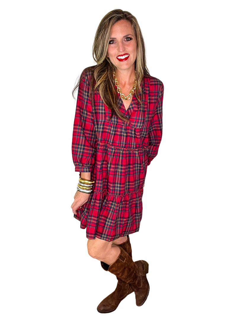 Plaid V-Neck Dress in Red