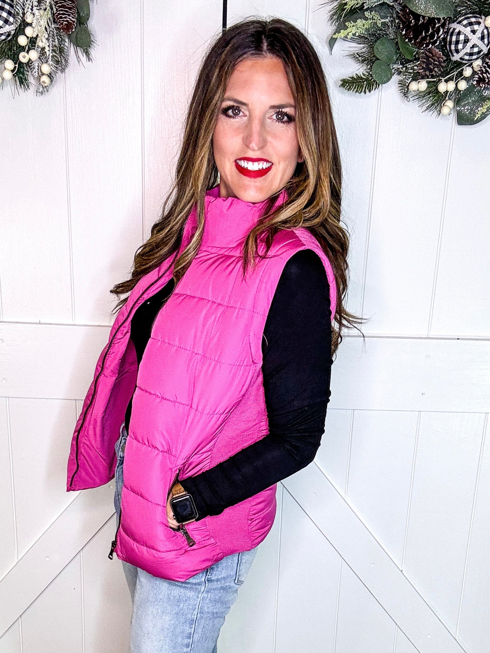 Zip Up Puffer Vest with Pockets in Pink – Turquoise & Tangerine Zip Up Puffer Vest with Pockets in Pink – Turquoise & Tangerine