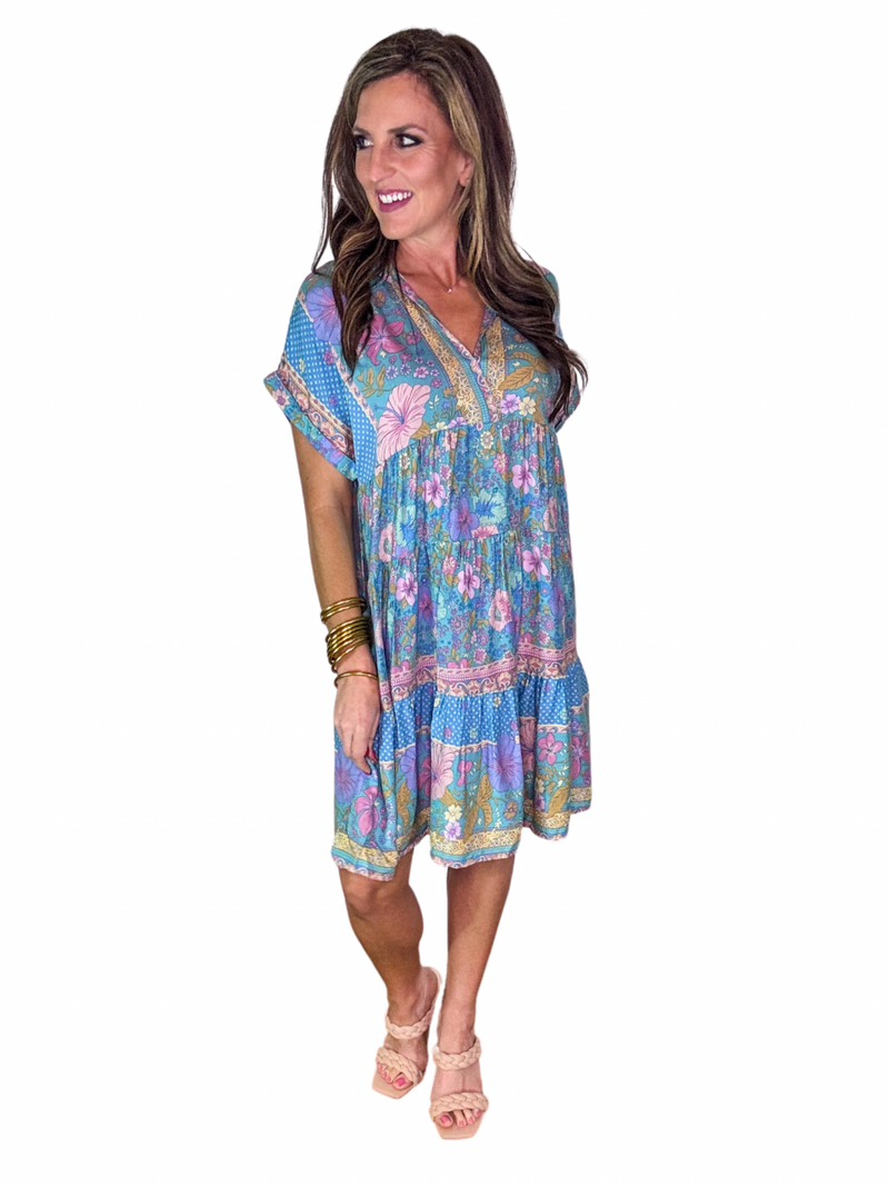Blue and Pink Mixed Print Dress