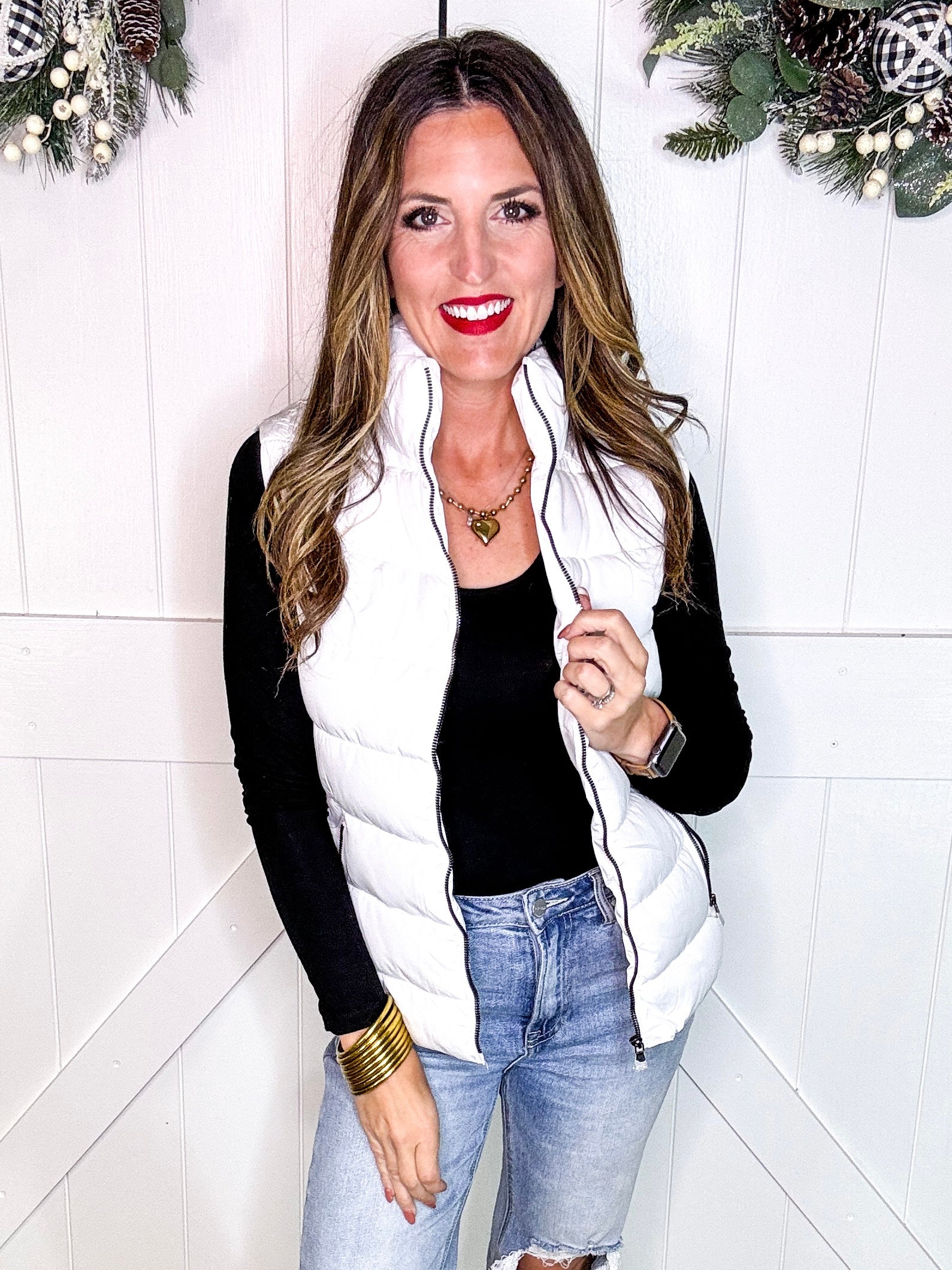 Zip Up Puffer Vest with Pockets in White – Turquoise & Tangerine