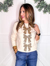 Cream Sequins Bow Ribbon Christmas Sweater