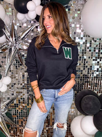 Varsity W Quarter Zip Pullover in Black PREORDER