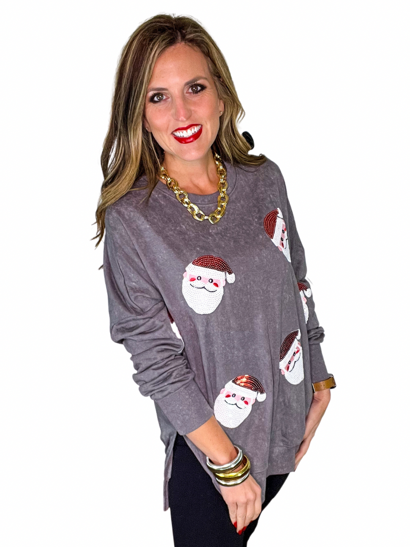 Sequin Santa Round Neck Slit Sweatshirt