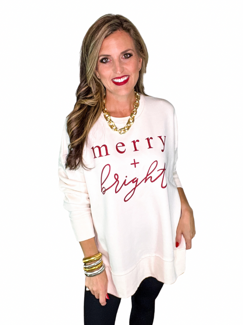 Merry and Bright Red Glitter Vintage Fleece Pullover