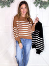Zenana Exposed Seam Striped Oversized Sweater in Camel