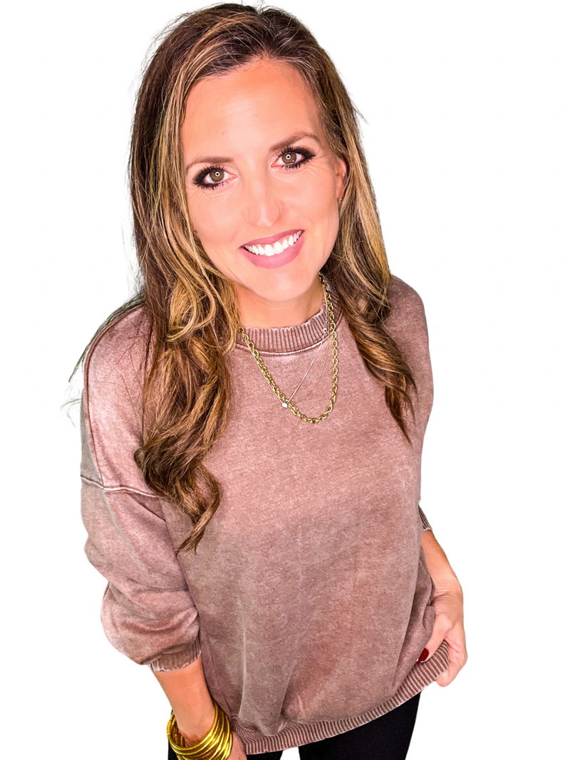 Acid Wash Fleece Pullover in Mocha