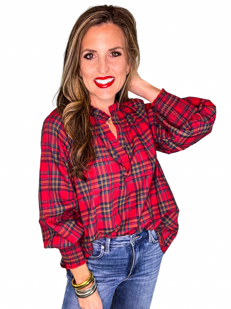 Plaid V-Neck Top with Smocked Sleeves in Red