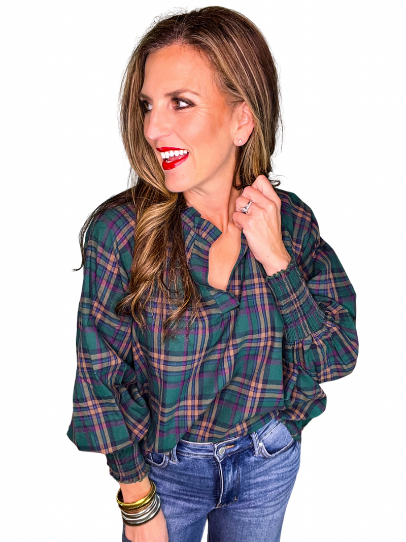 Plaid V-Neck Top with Smocked Sleeves in Hunter Green