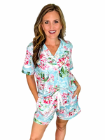 Collared Aqua Floral Pajama Set