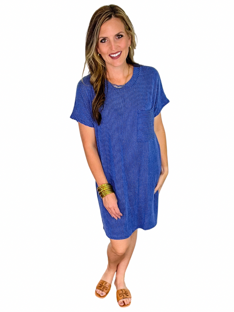 Ribbed Pocket Dress in Blue
