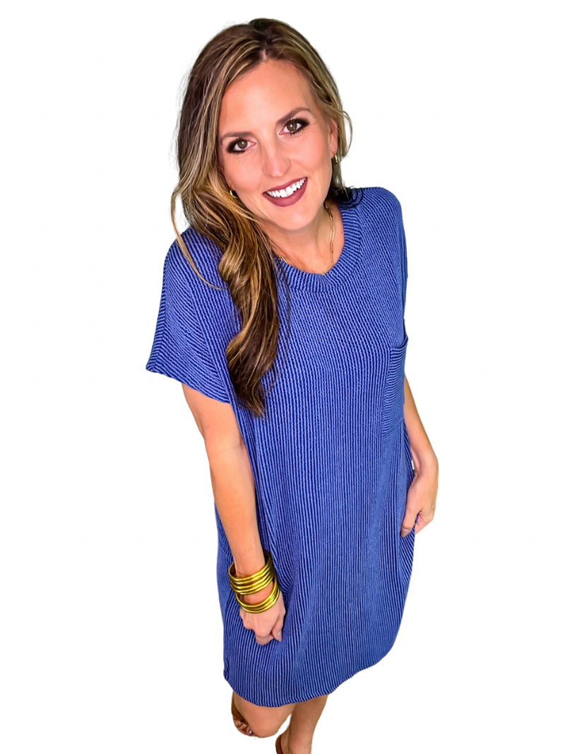 Ribbed Pocket Dress in Blue